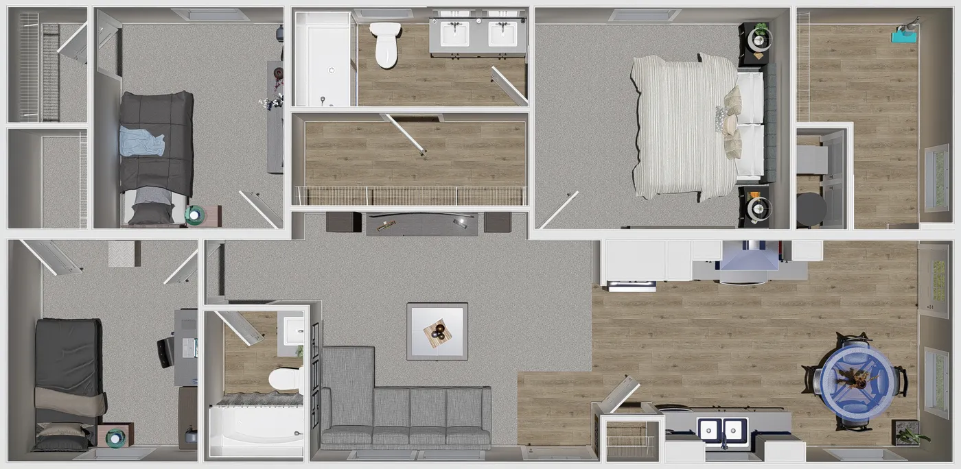 The HERE COMES THE SUN Floor Plan. This Manufactured Mobile Home features 3 bedrooms and 2 baths.