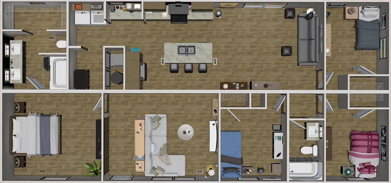 The BOONE Floor Plan. This Manufactured Mobile Home features 4 bedrooms and 2 baths.