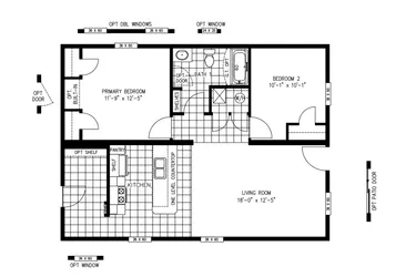 The JADE Floor Plan. This Manufactured Mobile Home features 2 bedrooms and 1 bath.
