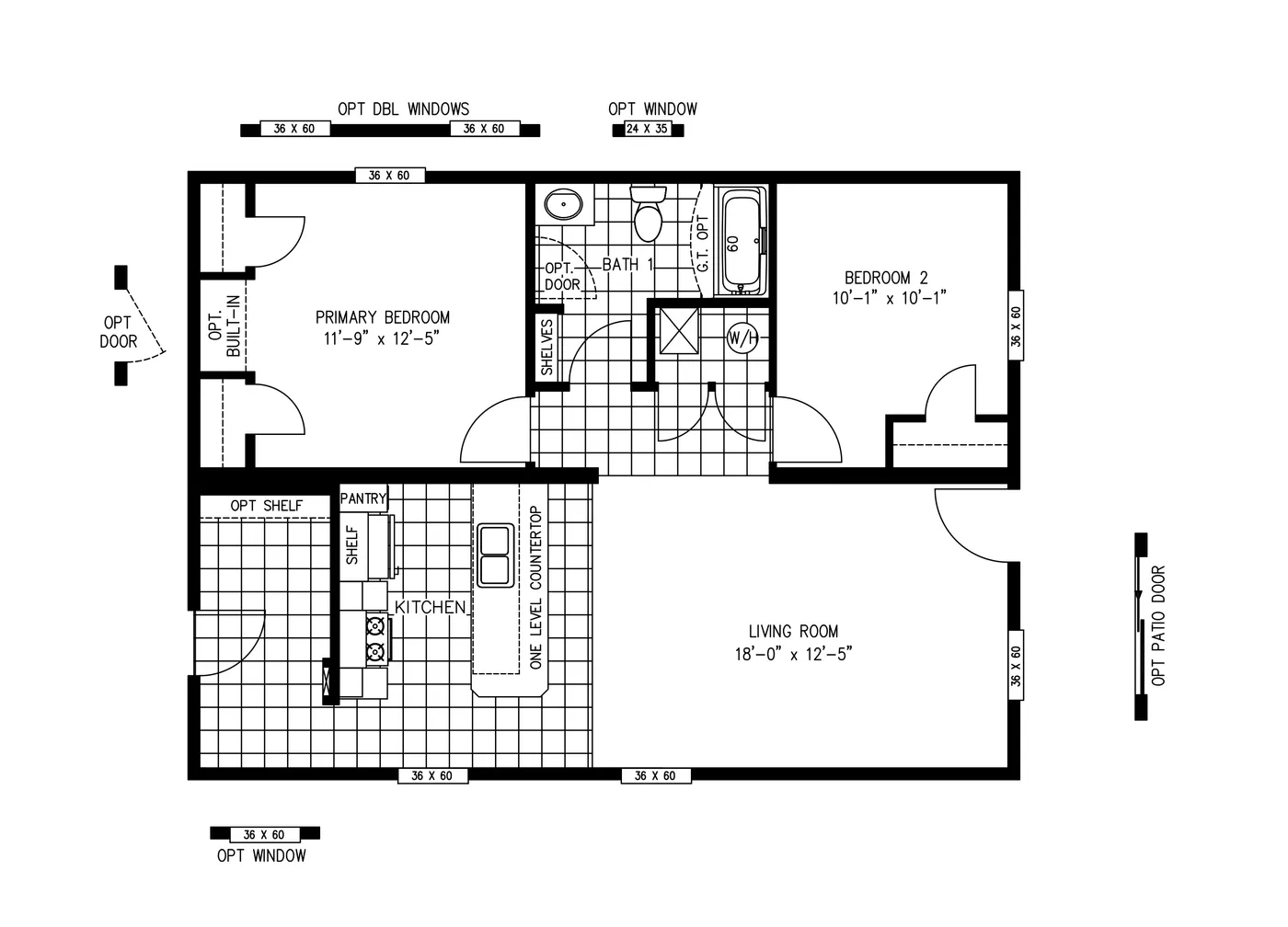 The JADE Floor Plan. This Manufactured Mobile Home features 2 bedrooms and 1 bath.