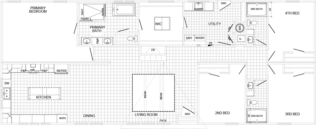 The HUXTON II Floor Plan. This Manufactured Mobile Home features 4 bedrooms and 2 baths.