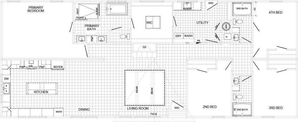 The HUXTON II Floor Plan. This Manufactured Mobile Home features 4 bedrooms and 2 baths.
