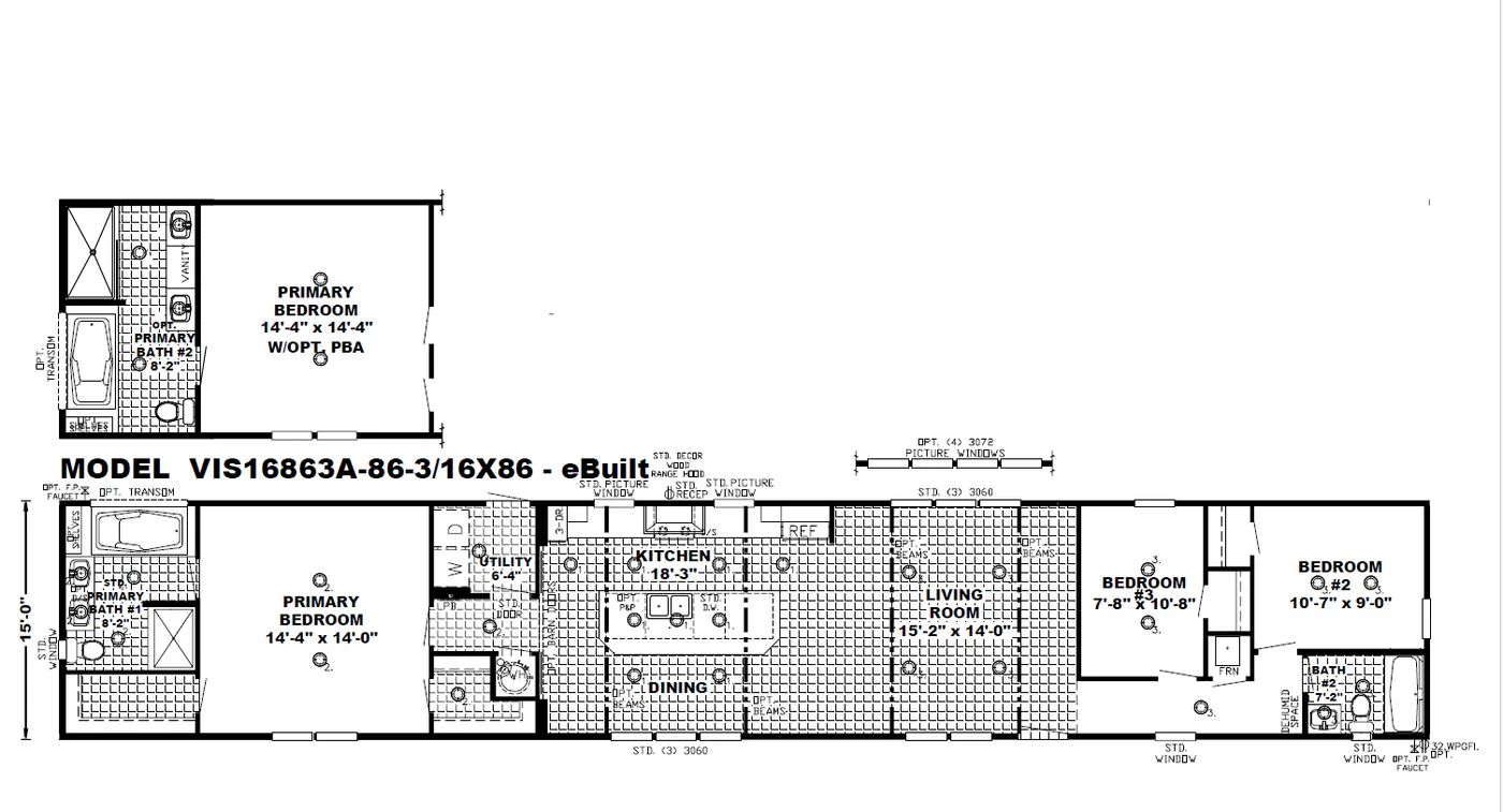 The THE SEASIDE Floor Plan. This Manufactured Mobile Home features 3 bedrooms and 2 baths.