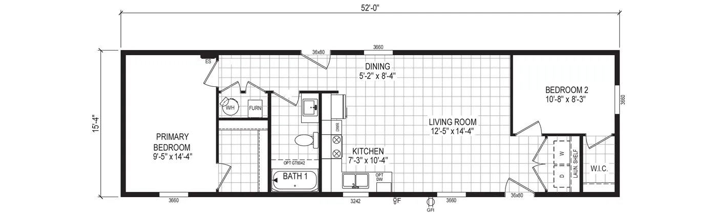 The 5216-E790 THE PULSE Floor Plan. This Manufactured Mobile Home features 2 bedrooms and 1 bath.