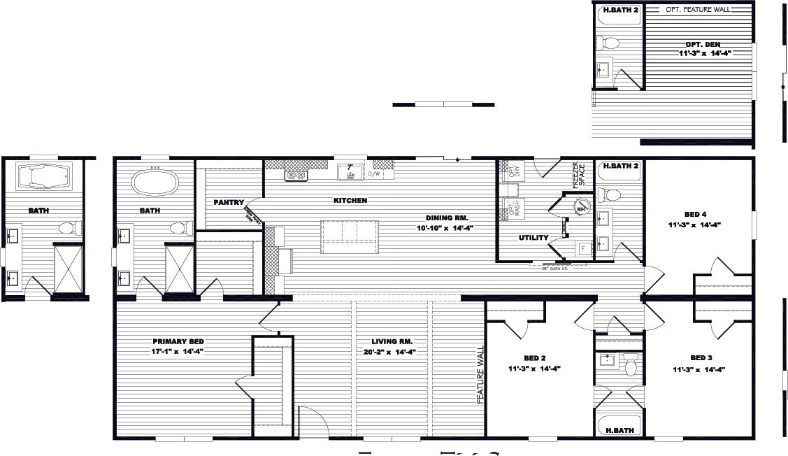 The EVERETT ELITE Floor Plan. This Manufactured Mobile Home features 4 bedrooms and 3 baths.