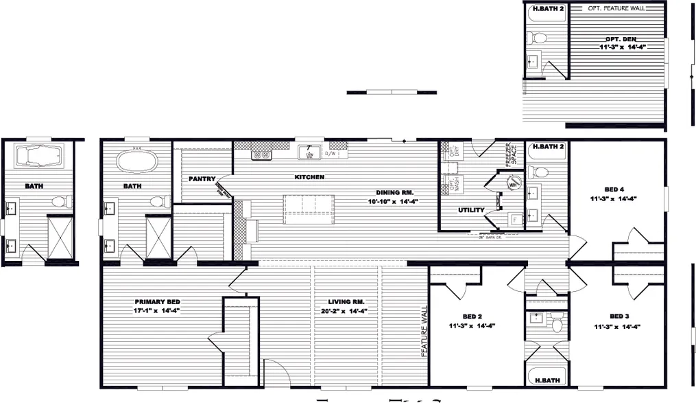 The EVERETT ELITE Floor Plan. This Manufactured Mobile Home features 4 bedrooms and 3 baths.