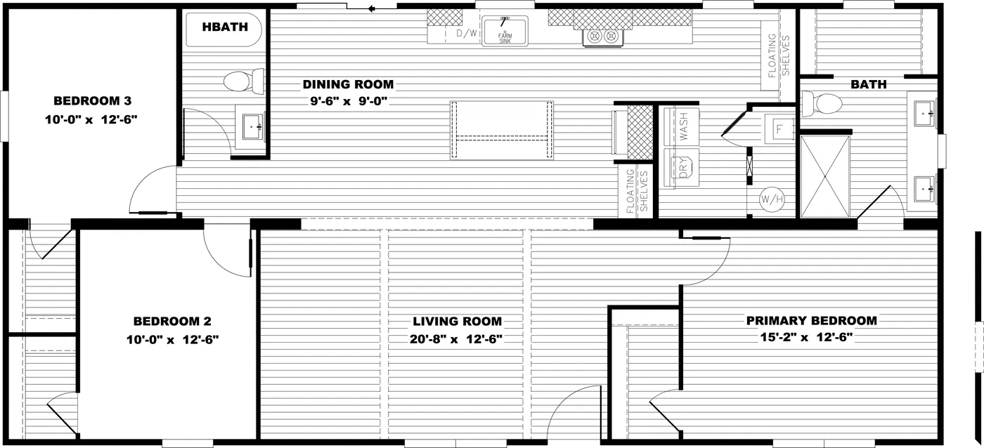 The LIZZIE Floor Plan. This Manufactured Mobile Home features 3 bedrooms and 2 baths.