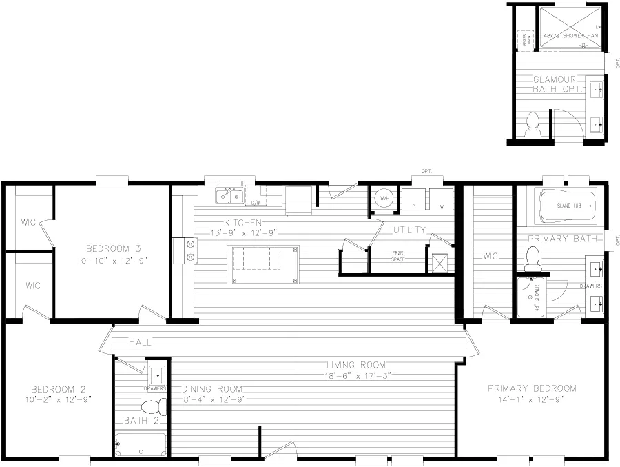 The 3104 THE PINEHURST HUD Floor Plan. This Manufactured Mobile Home features 3 bedrooms and 2 baths.