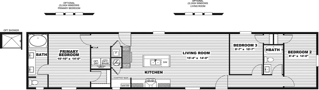 The ZION Floor Plan. This Manufactured Mobile Home features 3 bedrooms and 2 baths.