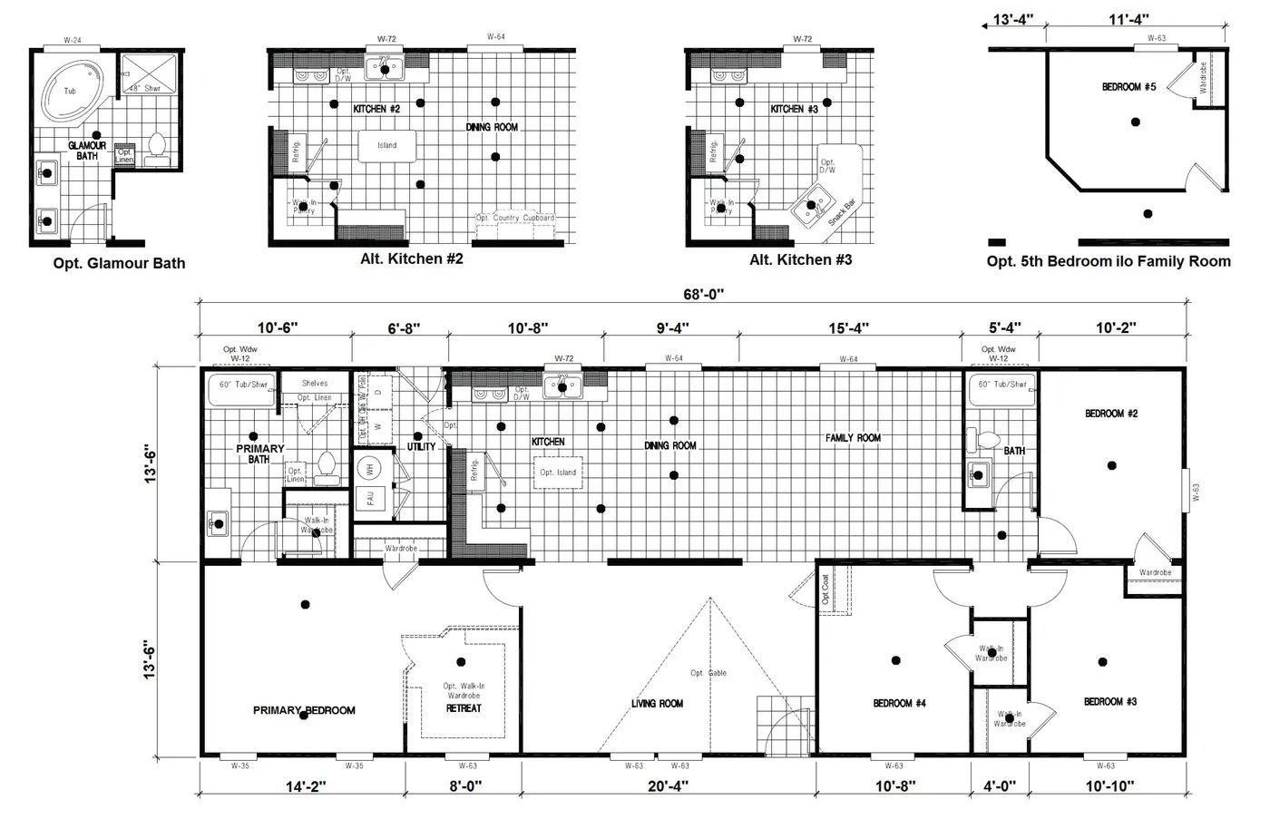 The DRM682F 68'              DREAM Floor Plan. This Manufactured Mobile Home features 4 bedrooms and 2 baths.