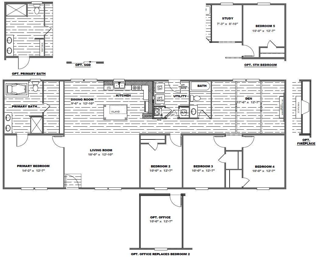 The TRADITION 2868B Floor Plan. This Manufactured Mobile Home features 4 bedrooms and 2 baths.