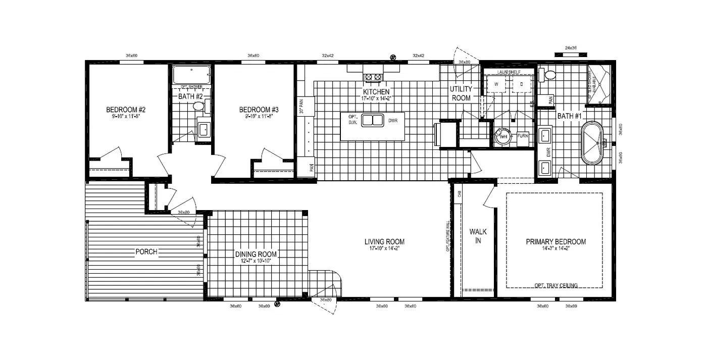 The STRATFORD PL 6630-MS062 SECT Floor Plan. This Manufactured Mobile Home features 3 bedrooms and 2 baths.