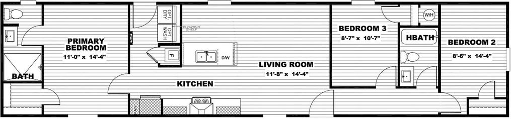 The CLARK   16X66 Floor Plan. This Manufactured Mobile Home features 3 bedrooms and 2 baths.