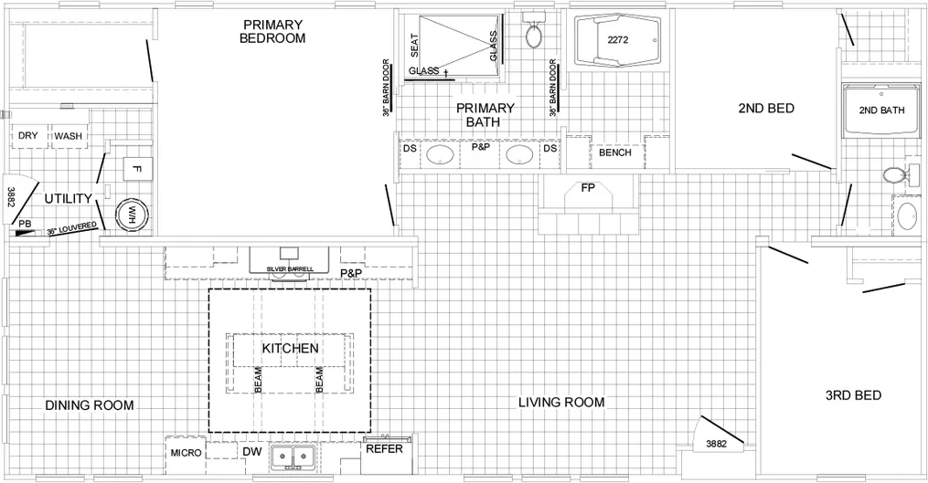 The ABIGAIL Floor Plan. This Manufactured Mobile Home features 3 bedrooms and 2 baths.