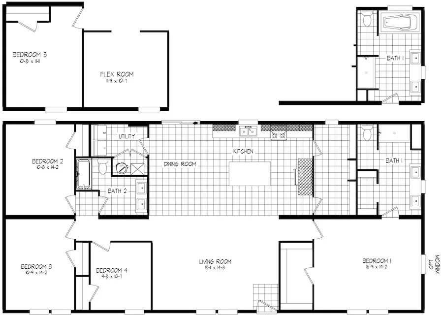 The JOSHUA Floor Plan. This Manufactured Mobile Home features 4 bedrooms and 2 baths.