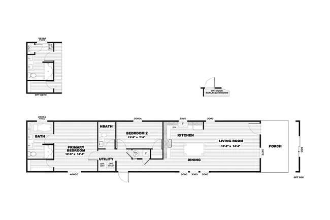 The PORCH LIVING SERIES 16682A Floor Plan. This Manufactured Mobile Home features 2 bedrooms and 2 baths.