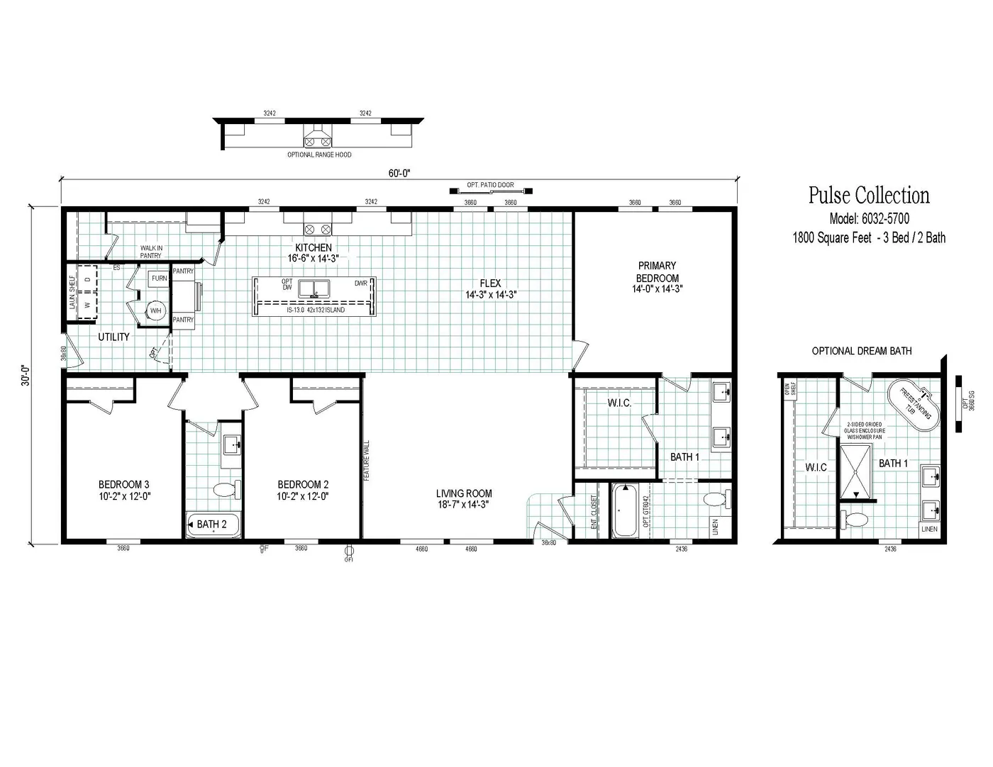 The 6032-5700 THE PULSE Floor Plan. This Manufactured Mobile Home features 3 bedrooms and 2 baths.