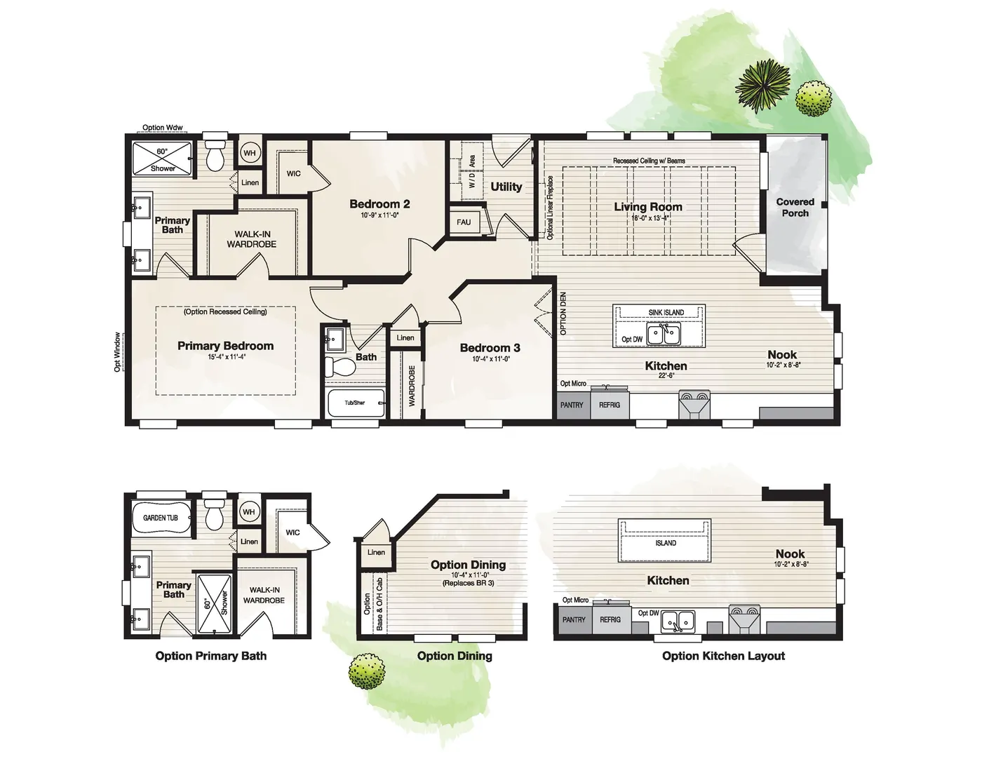 The CORONADO 2458B Floor Plan. This Manufactured Mobile Home features 3 bedrooms and 2 baths.