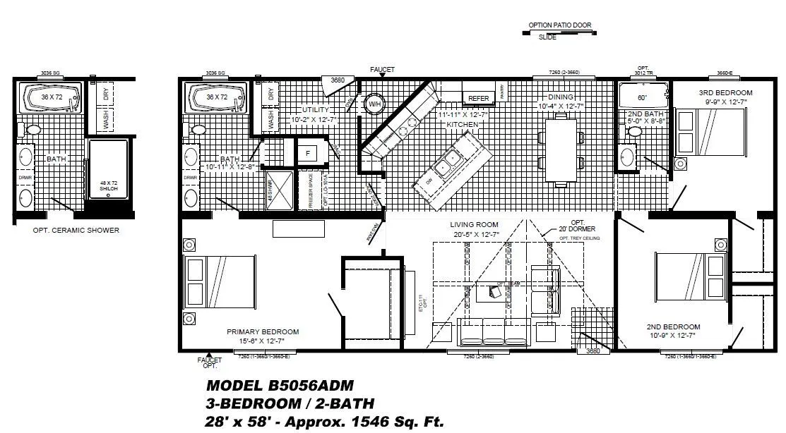 The THE KIMMEL Floor Plan. This Manufactured Mobile Home features 3 bedrooms and 2 baths.