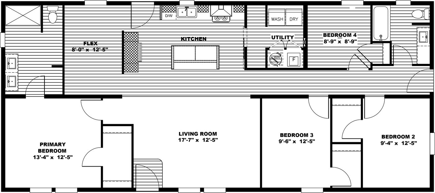 The LOVELY DAY Floor Plan. This Manufactured Mobile Home features 4 bedrooms and 2 baths.