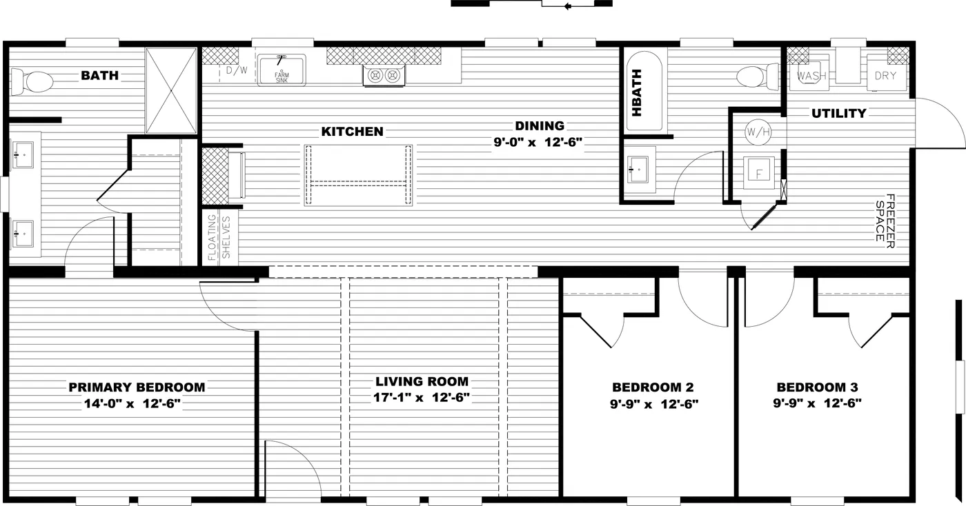 The WILDER Floor Plan. This Manufactured Mobile Home features 3 bedrooms and 2 baths.