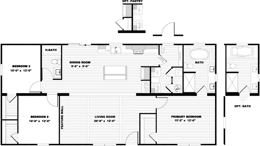 The LIZZIE Floor Plan. This Manufactured Mobile Home features 3 bedrooms and 2 baths.