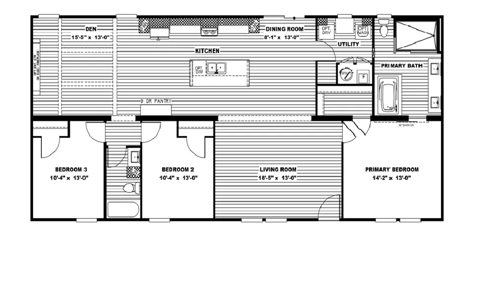 The BOUJEE 2 Floor Plan. This Manufactured Mobile Home features 3 bedrooms and 2 baths.