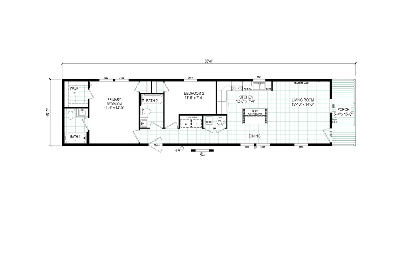 The 6616-4772P THE PULSE Floor Plan. This Manufactured Mobile Home features 2 bedrooms and 2 baths.
