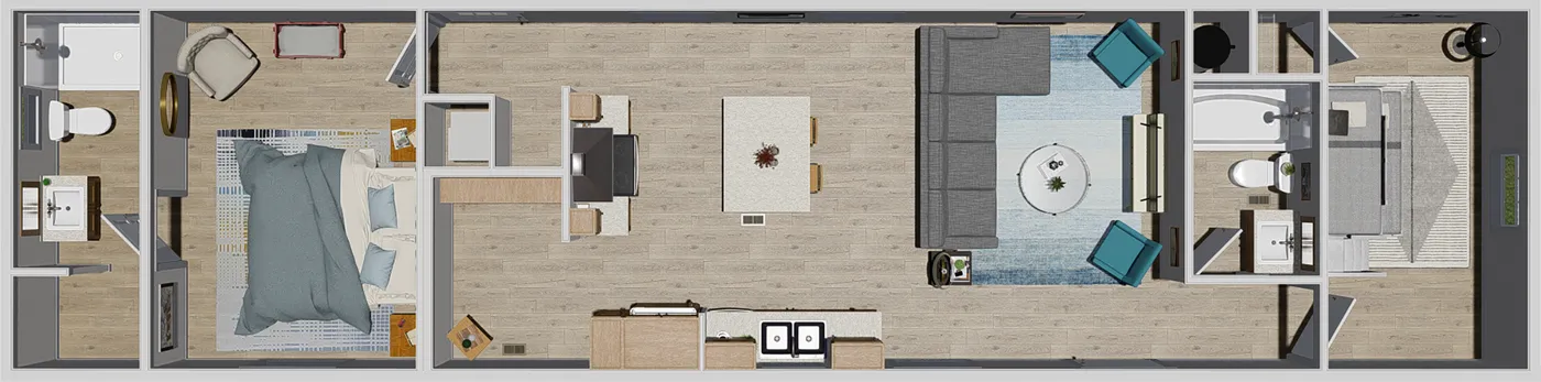 The 1003 "BORN TO RUN" 6016 Floor Plan. This Manufactured Mobile Home features 2 bedrooms and 2 baths.