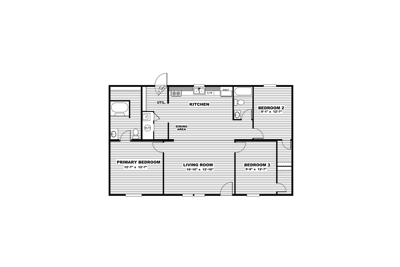 The EXCITEMENT Floor Plan. This Manufactured Mobile Home features 3 bedrooms and 2 baths.