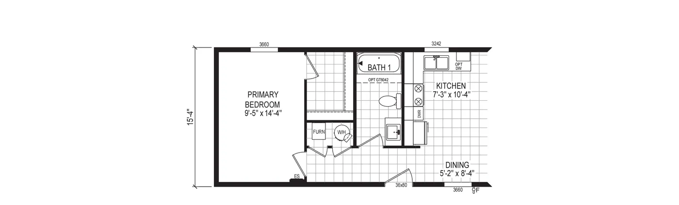 The 5216-E790 THE PULSE Floor Plan. This Manufactured Mobile Home features 2 bedrooms and 1 bath.