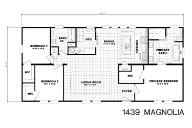 The 1439 CAROLINA "MAGNOLIA" Floor Plan. This Manufactured Mobile Home features 3 bedrooms and 2 baths.
