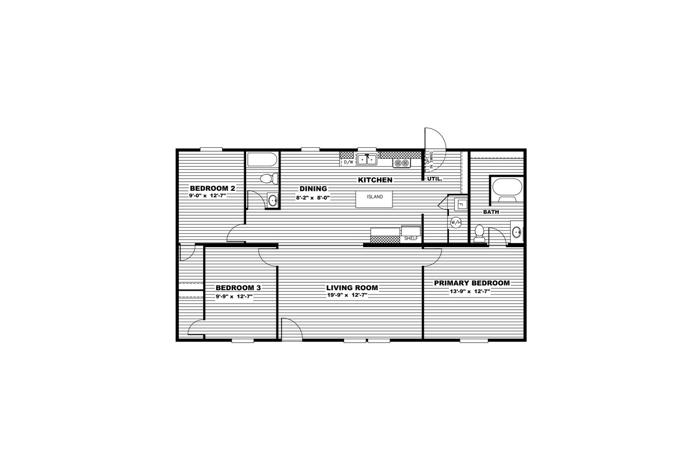 The SATISFACTION Floor Plan. This Manufactured Mobile Home features 3 bedrooms and 2 baths.