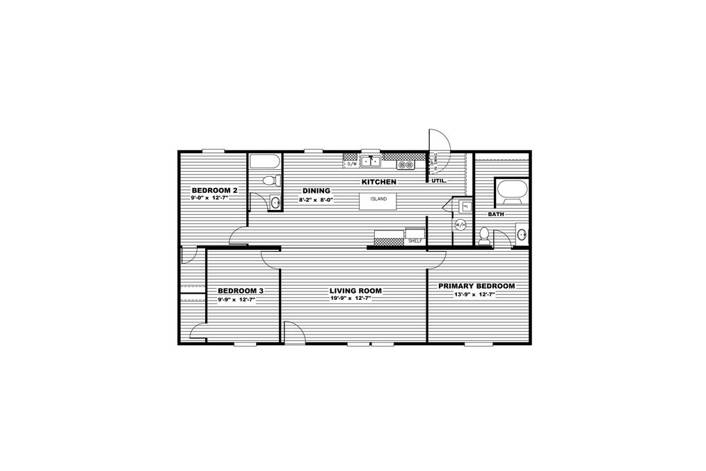 The SATISFACTION Floor Plan. This Manufactured Mobile Home features 3 bedrooms and 2 baths.
