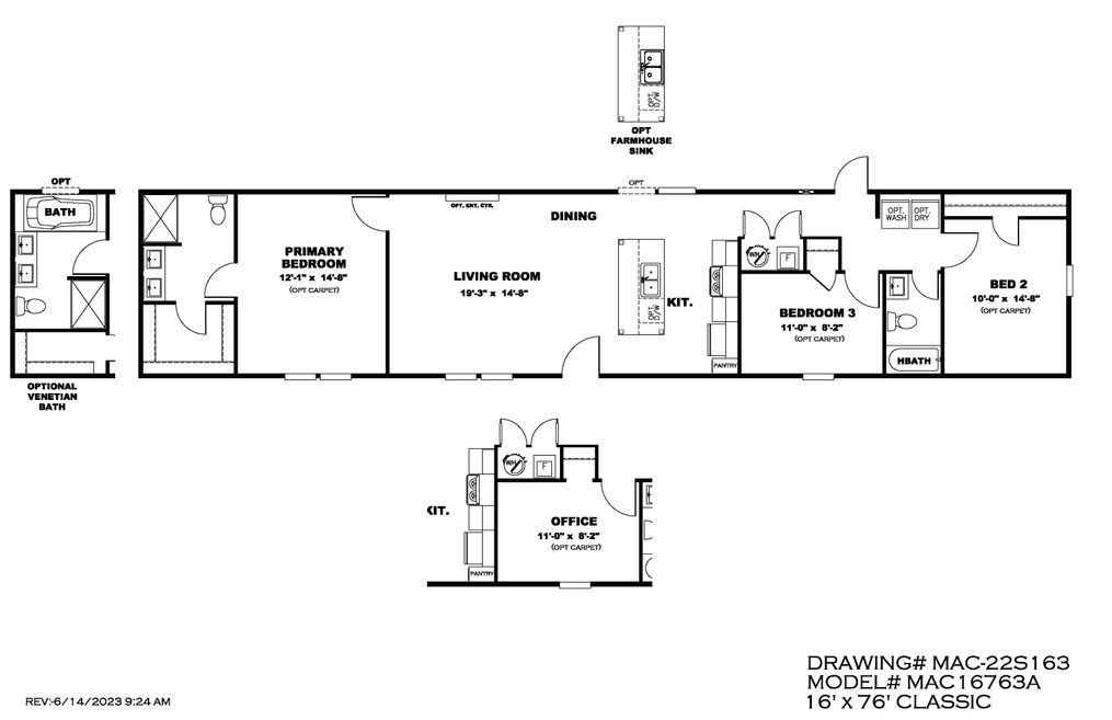 The MAYNARDVILLE CLASSIC 76 Floor Plan. This Manufactured Mobile Home features 3 bedrooms and 2 baths.