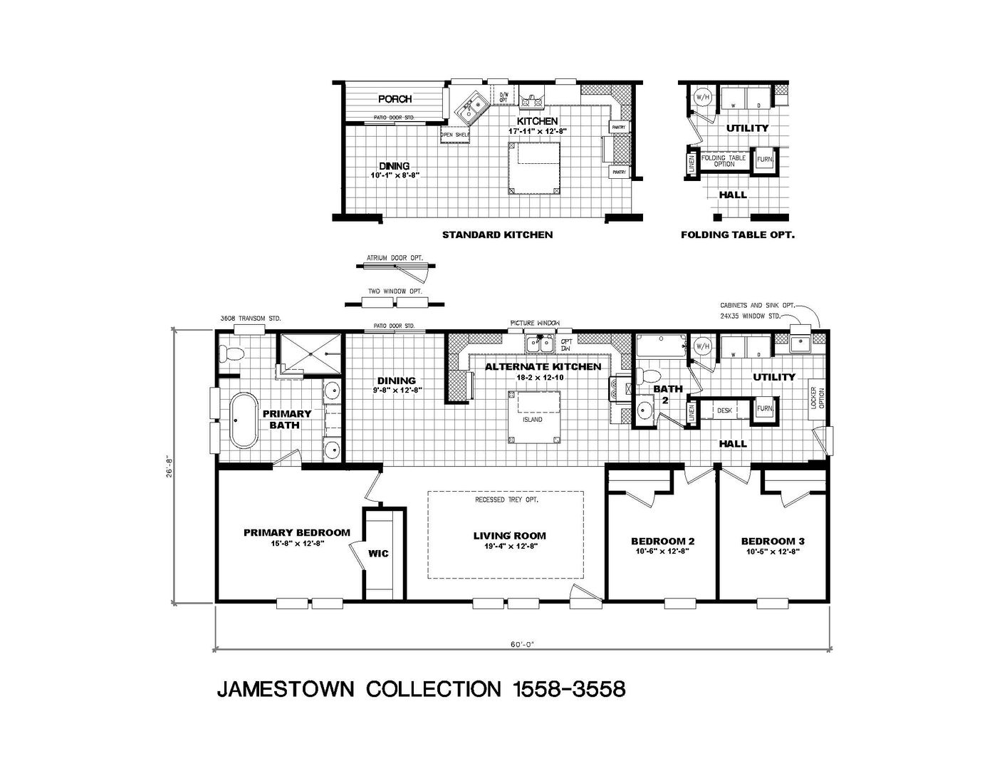 The 1558 JAMESTOWN Floor Plan. This Manufactured Mobile Home features 3 bedrooms and 2 baths.