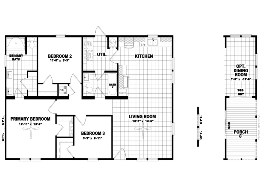 The THE COLONIAL Floor Plan. This Manufactured Mobile Home features 3 bedrooms and 2 baths.