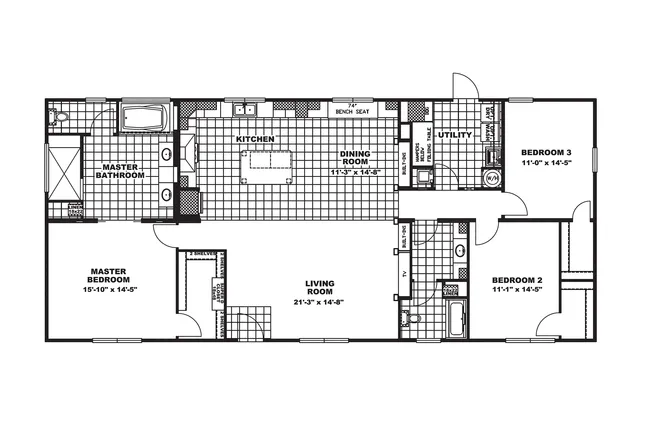 The SUPER 68 ELITE Floor Plan. This Manufactured Mobile Home features 3 bedrooms and 2 baths.