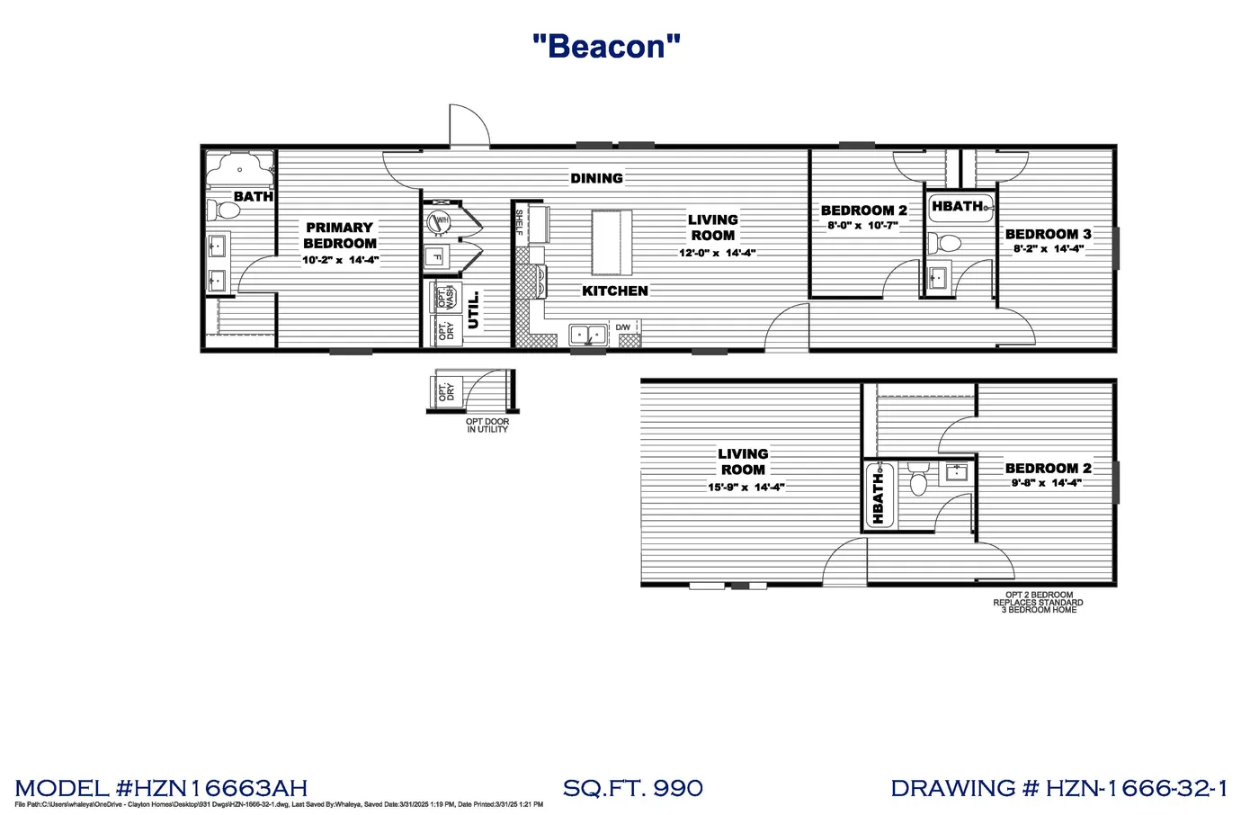 The BEACON Floor Plan. This Manufactured Mobile Home features 3 bedrooms and 2 baths.