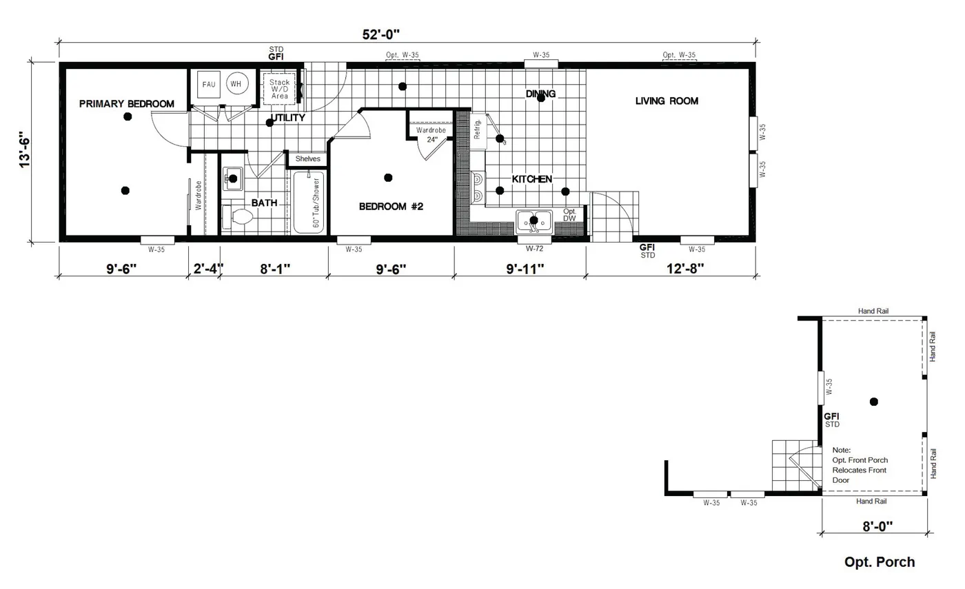 The DRM521M 52'              DREAM Floor Plan. This Manufactured Mobile Home features 2 bedrooms and 1 bath.
