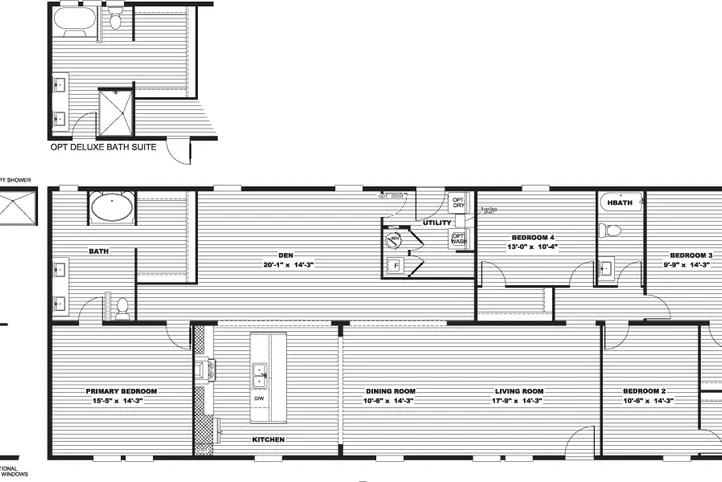 The EVEREST Floor Plan. This Manufactured Mobile Home features 4 bedrooms and 2 baths.