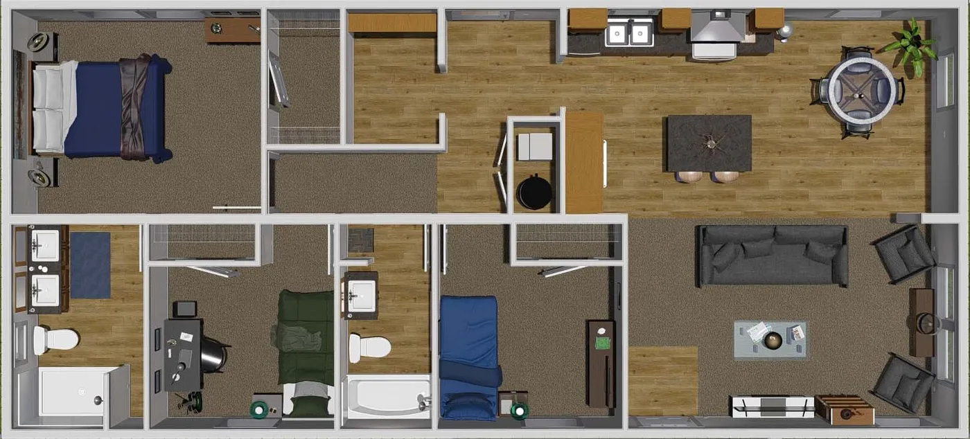 The THREE LITTLE BIRDS Floor Plan. This Manufactured Mobile Home features 3 bedrooms and 2 baths.