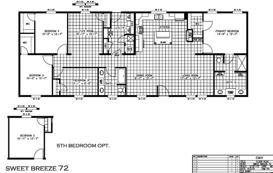 The SWEET BREEZE 72 Floor Plan. This Manufactured Mobile Home features 4 bedrooms and 2 baths.