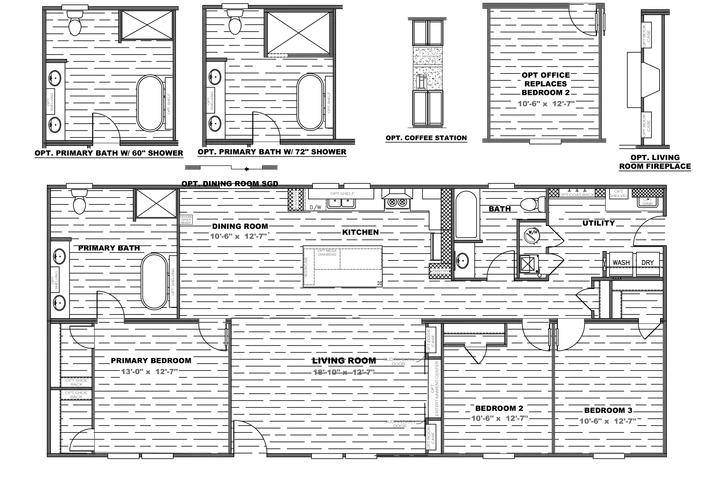 The THE RESERVE 60 Floor Plan. This Manufactured Mobile Home features 3 bedrooms and 2 baths.