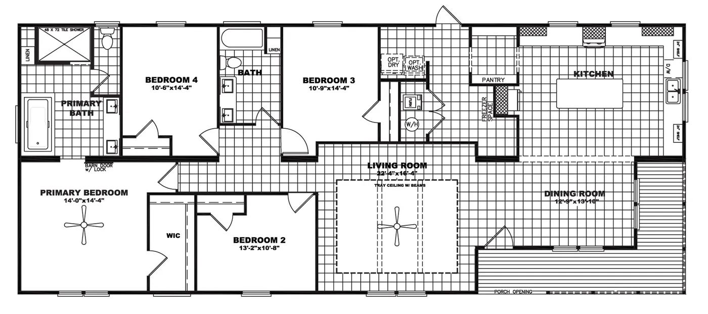 The THE SEDONA 4 Floor Plan. This Manufactured Mobile Home features 4 bedrooms and 2 baths.