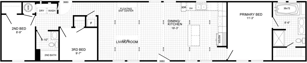 The THE DREAM Floor Plan. This Manufactured Mobile Home features 3 bedrooms and 2 baths.