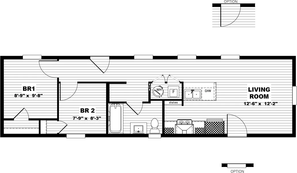 The SATISFACTION Floor Plan. This Manufactured Mobile Home features 2 bedrooms and 1 bath.