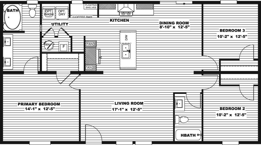 The DESOTO Floor Plan. This Manufactured Mobile Home features 3 bedrooms and 2 baths.