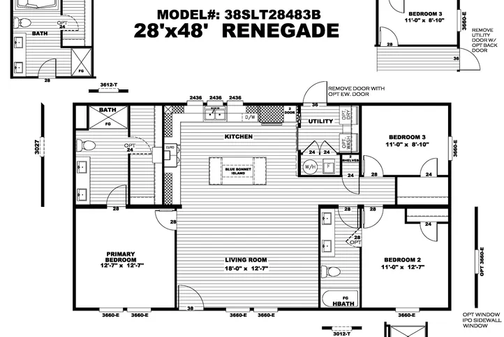 The THE RENEGADE Floor Plan. This Manufactured Mobile Home features 3 bedrooms and 2 baths.