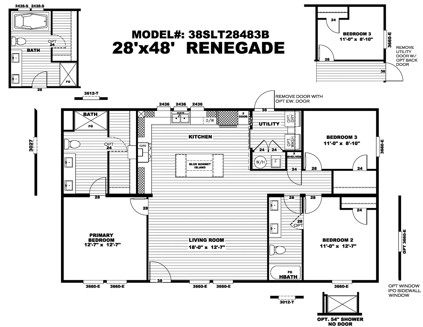 The THE RENEGADE Floor Plan. This Manufactured Mobile Home features 3 bedrooms and 2 baths.